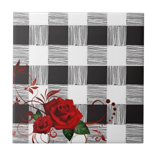 Keramische Tegel Wit en Zwart Plaid Rood Rose Tegeltje (Voorkant)
