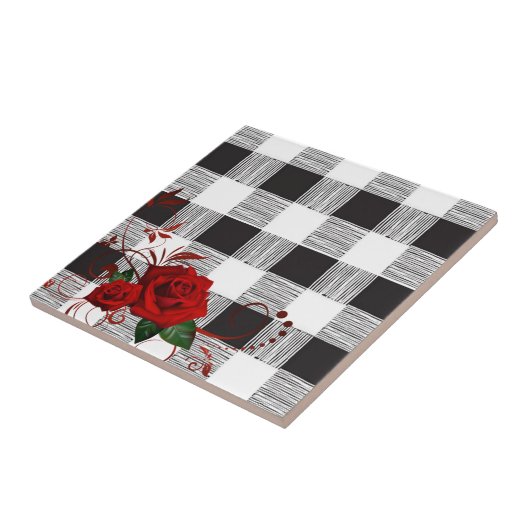 Keramische Tegel Wit en Zwart Plaid Rood Rose Tegeltje (Zijkant)