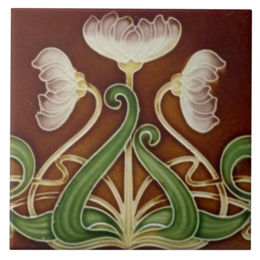 Keramische tegel - witte bloemen met groene olie tegeltje (Voorkant)