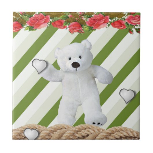 Keramische Tegel Witte Groene Streep Bloemen Teddy Tegeltje (Voorkant)