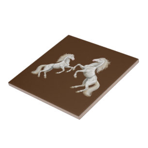 Keramische Tegel Witte Paarden Bruin Tegeltje