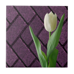 Keramische tegel Witte Tulp Paarse Bloemmotief Tegeltje