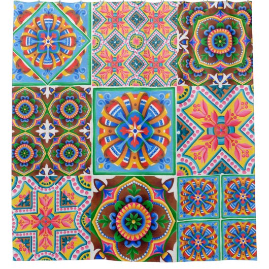 Keramische tegels, majolica, ornamentabstract, ara douchegordijn (Voorkant)