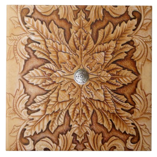 Keramische tegels met bekleed leder tegeltje (Voorkant)