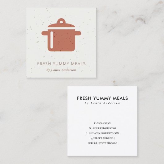 KERAMISCHE TERRACOTTA RUST POT MEAL CHEF CATERING VIERKANTE VISITEKAARTJE (Voorkant / Achterkant)