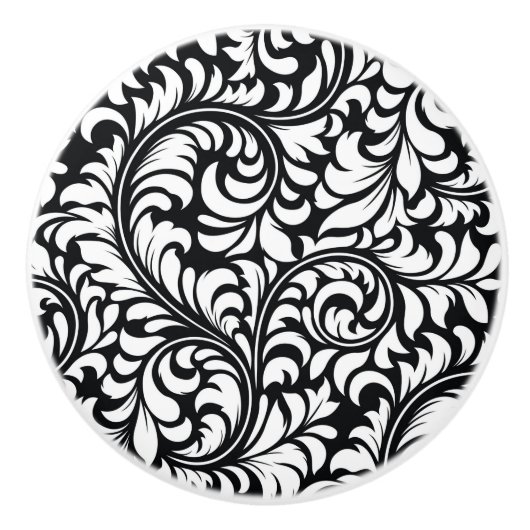 Keramische Zwart & Wit Bloemen Damast knop (Voorkant)