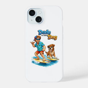 Kerel en Zijn Hond Surfen Sticker – Leuke Hond & S iPhone 15 Case