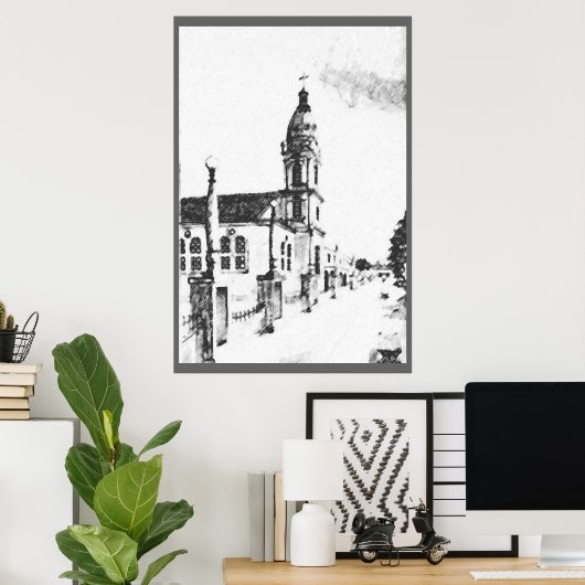 Kerk afbeelding in houtskool poster (Thuiskantoor)