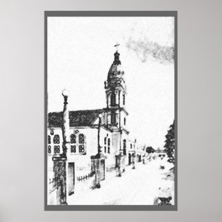 Kerk afbeelding in houtskool poster