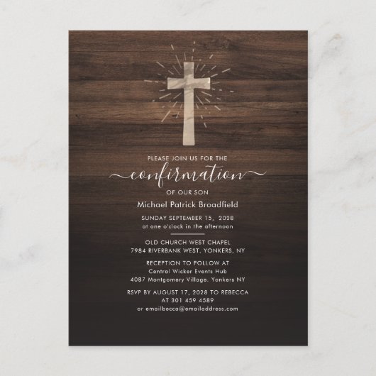 Kerk Bevestiging Religieuze Ceremonie Rustisch Hou Uitnodiging Briefkaart (Voorkant)