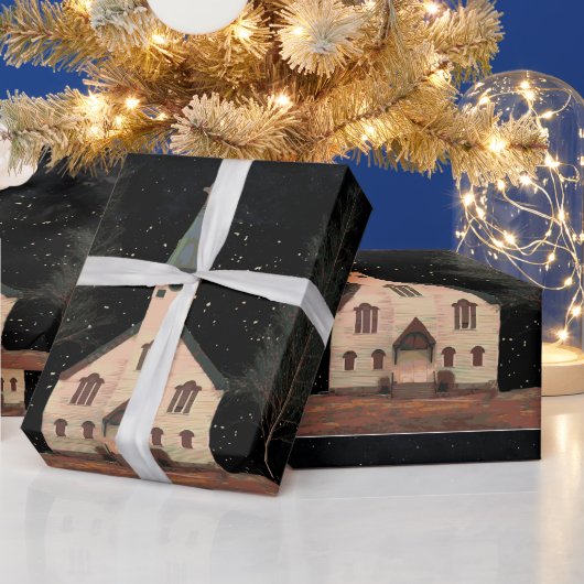 Kerk bij nachtfeestdag cadeaupapier (Feestdagen)