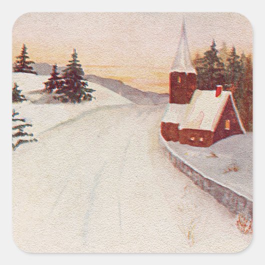 Kerk Christelijke Sneeuw Winter Vierkante Sticker (Voorkant)