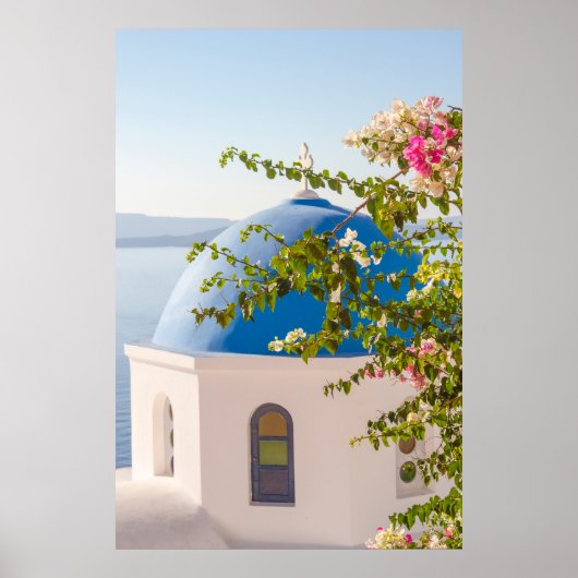 Kerk en bloemen in Santorini Poster (Voorkant)