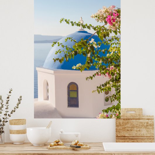 Kerk en bloemen in Santorini Poster (Keuken)