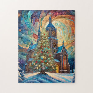 Kerk en kerstboom in moderne stijl legpuzzel