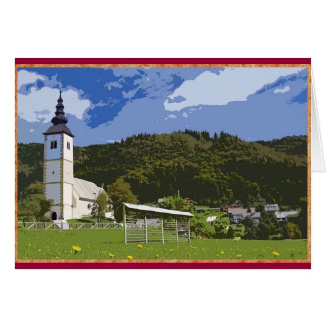 Kerk en stad Jereka, Slovenië. (Voorkant Horizontaal)