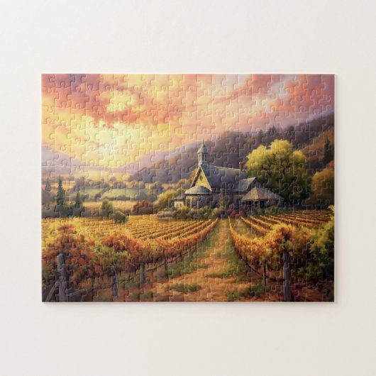 kerk en wijngaard bij zonsondergang legpuzzel (Horizontaal)