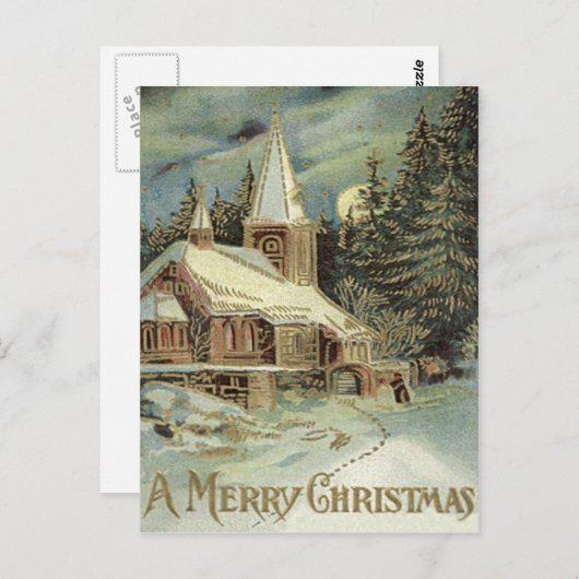 Kerk Evergreen Sterren Winter Sneeuw Briefkaart (Voorkant / Achterkant)