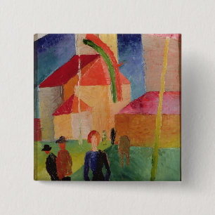 Kerk gedecorbeerd met vlaggen vierkante button 5,1 cm