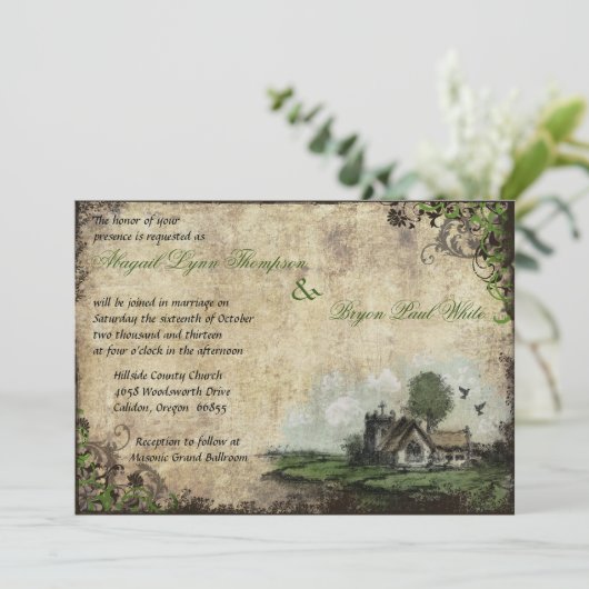 Kerk Green Vintage bruiloft uitnodiging (Staand voorkant)