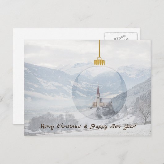 Kerk in de winter in een glazen kerstkaart feestdagenkaart (Voorkant / Achterkant)