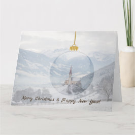 Kerk in de winter in een glazen kerstkaart kaart