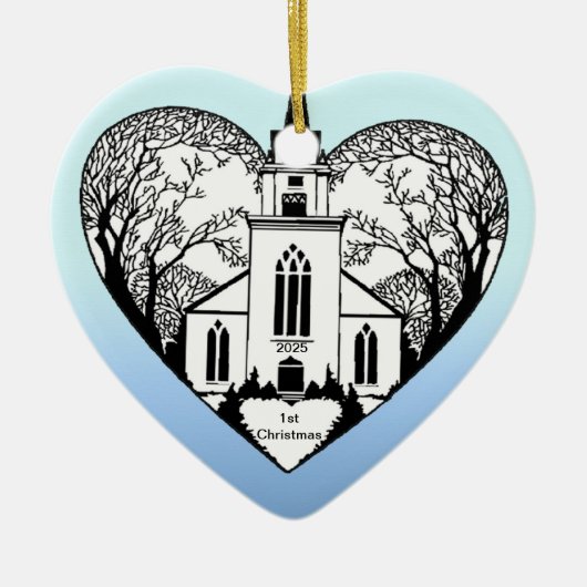 Kerk in een hart - versiering keramisch ornament (Voorkant)