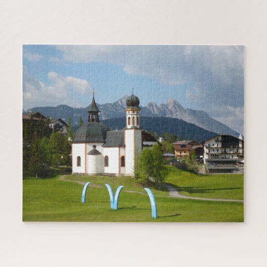 Kerk in het Alpenlandschap, Seefeld, Oostenrijk Legpuzzel (Horizontaal)