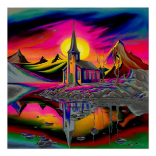 Kerk in het psychedelische landschap 4 perfect poster