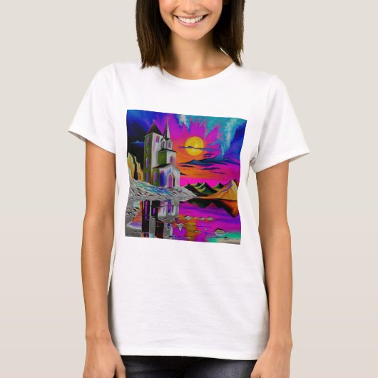 Kerk in het psychedelische landschap 5 t-shirt (Voorkant)