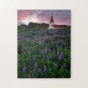 Kerk in het veld Lupine Wildflower in IJsland Legpuzzel