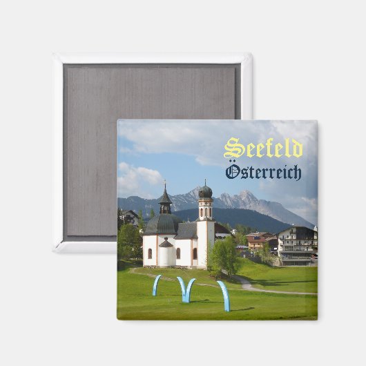 Kerk in Seefeld, Oostenrijk tekstmagneet Magneet (Voorkant / Achterkant)