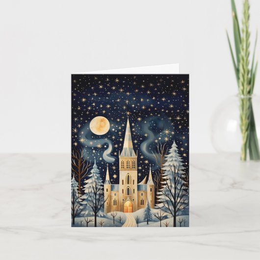 Kerk in vintage Gouache-stijl winter landschap kaa Notitiekaartje (Voorkant)