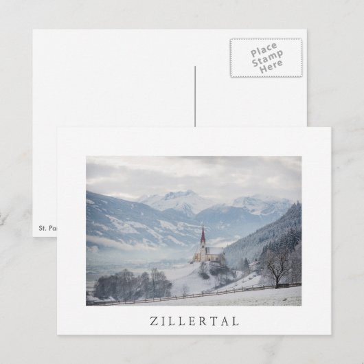 Kerk in Zillertal in briefkaart van de de winter (Voorkant / Achterkant)