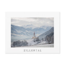Kerk in Zillertal in briefkaart van de de winter