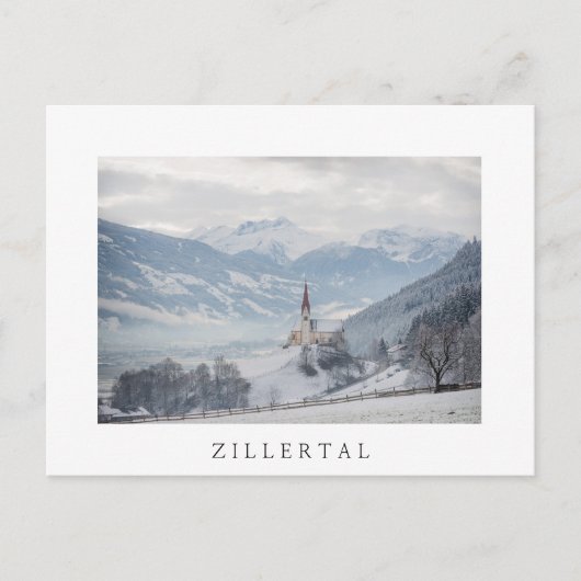Kerk in Zillertal in briefkaart van de de winter (Voorkant)