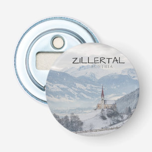 Kerk in Zillertal in de winter tekst Button Flesopener