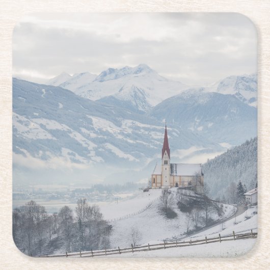 Kerk in Zillertal in het winterse onderzetter (Voorkant)