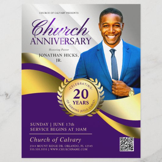 Kerk Jubileum Pastorale Service Paarse & Goud Flyer (Voorkant)