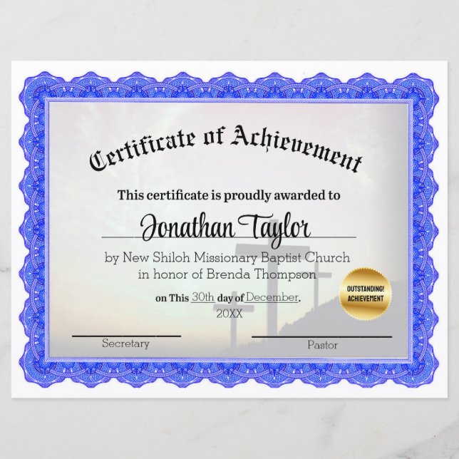 Kerk-kruiscertificaat van Achievement (Voorkant)