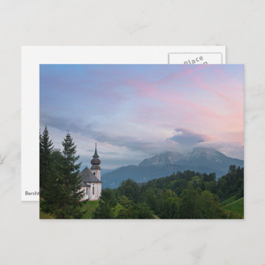 Kerk met Alpen-bergen bij zonsondergang Briefkaart (Voorkant / Achterkant)