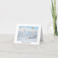 Kerk met bergen en sneeuw met glazen bal