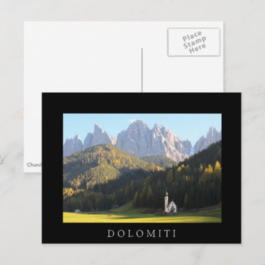 Kerk met het briefkaart van het zwarte dolomitiket (Voorkant / Achterkant)