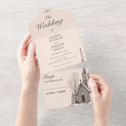 kerk minimalistische bruiloft all in one uitnodiging (Afscheurbaar)