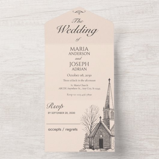  kerk minimalistische bruiloft all in one uitnodiging (Binnen)