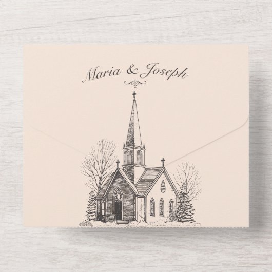  kerk minimalistische bruiloft all in one uitnodiging (Achterkant)