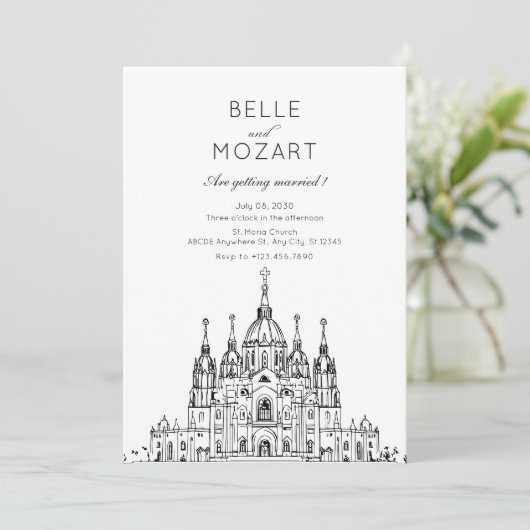 Kerk minimalistische bruiloft kaart (Staand voorkant)