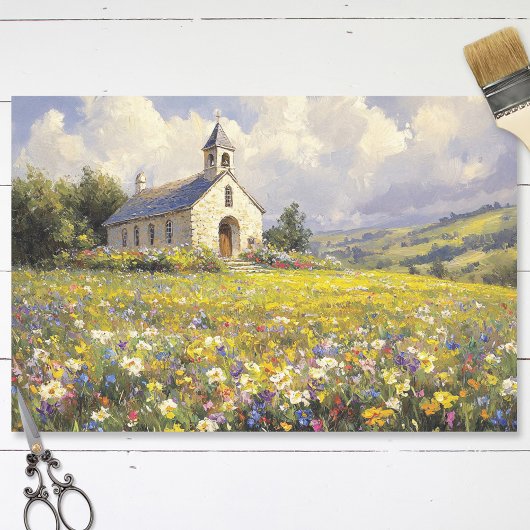 Kerk omgeven door Wildflowers Decoupage Tissuepapier