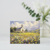 Kerk omringd door wilde bloemen schilderen briefkaart (Staand voorkant)