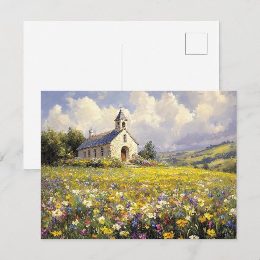 Kerk omringd door wilde bloemen schilderen briefkaart (Voorkant / Achterkant)